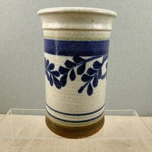 Vintage Studio Pottery Crock Cobalt Blue Leaf Motif Salt Glazed Stoneware 7"